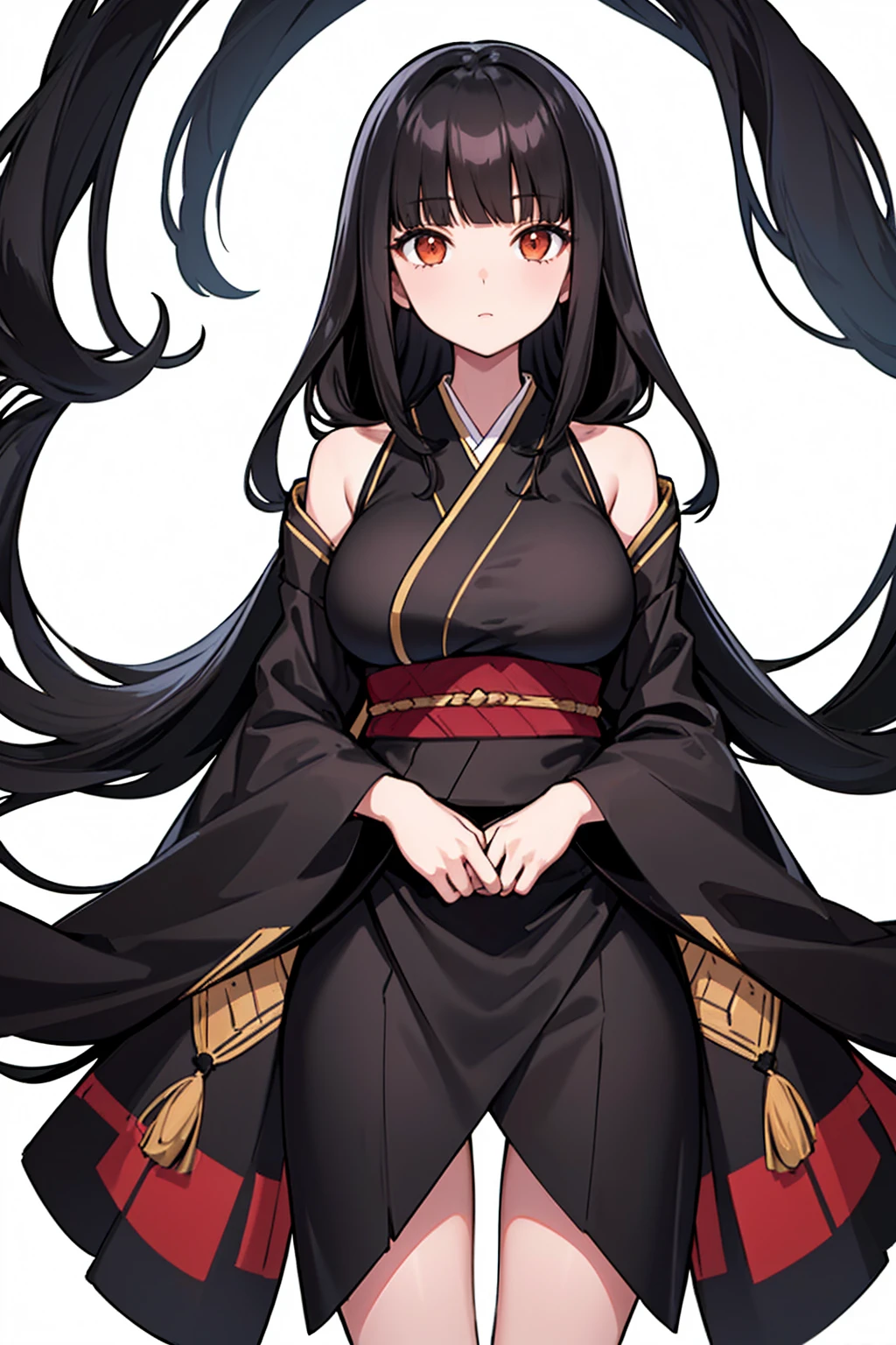 whole body,Standing posture, (alone,Beautifully arranged hair,Black Hair,Straight Long Hair,Hime cut,Cropped bangs,) (Super big breasts,Girl,), (beautifully drawn face:1.2) (kimono,slit,Black clothes,) Expressionless,(White background)