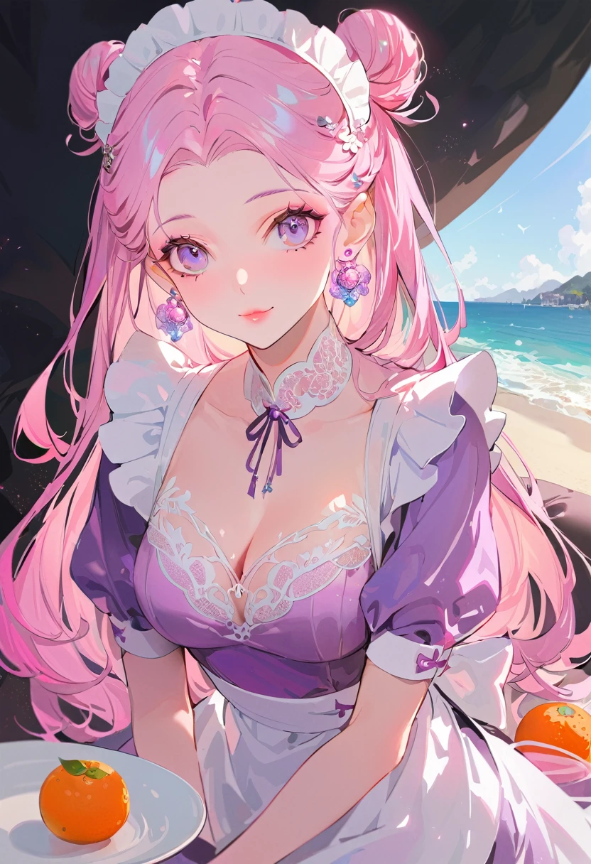 (extremely detailed CG unit 8k wallpaper, masterpiece, best quality, ultra detailed), best quality, child, pink hair, long hair, green eyes, house, Beach clothes, sun shining, bright skin, sun flash, cleavage --auto --s2