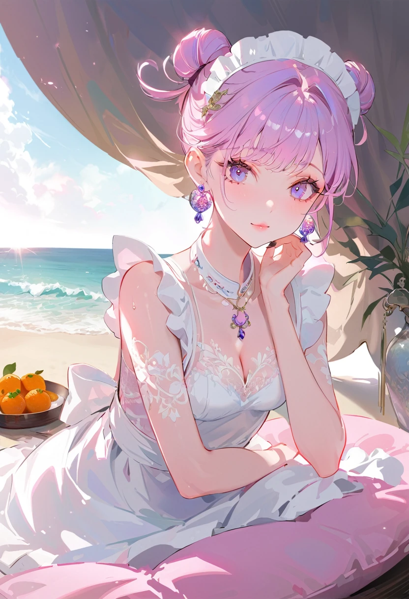 (Maid:1.5),(最高quality,Super detailed,High resolution:1.2),Purple hair girl painting、Glass mandarin orange earrings decorate both ears、Eye color: Ocean pink purple、Beautiful girl with a perfect face,very_Long eyelashes, Detailed lips, A radiant smile, Soft Skin, Shiny Hair,Vibrant Background, Natural light,The cutest girl in the world,Exquisite makeup,Pouting、((Hugging on a cushion))、Sit down, long hair、Bun hairstyle Beautiful, translucent white skin、Wet purple dress、Pink underwear is visible、Pink bra is visible through、Pink pants show through、quality\(8K,非常に精細なCGユニットのwallpaper, masterpiece,High resolution,top-quality,top-quality real texture skin,Super two-dimensional,Increase the resolution,RAW Photos,最高quality,Very detailed,wallpaper,Ray-tracing,Golden Ratio\),[Browsing Caution]