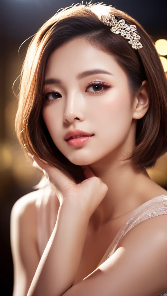 (8K, High resolution, High resolution), ((((photograph, RAWphotograph, Hyperrealism, masterpiece, Highest quality, ultra High resolution)))), (Pin Light, Backlight, Backlight, Cinematic Light), Sharp focus:1. 4, (Hyper Detail, In detail), body far away, close, 1 girl, Oval Face, big, Beautiful cat-like eyes, Cute Button Nose, Small and fairly full lips, Thick eyebrows and long, beautiful eyelashes. Transparent throughout makeup, Apply a touch of pink to your cheeks、Lip gloss makes it sparkle. Hairstyle: short golden hair.Nightclub.