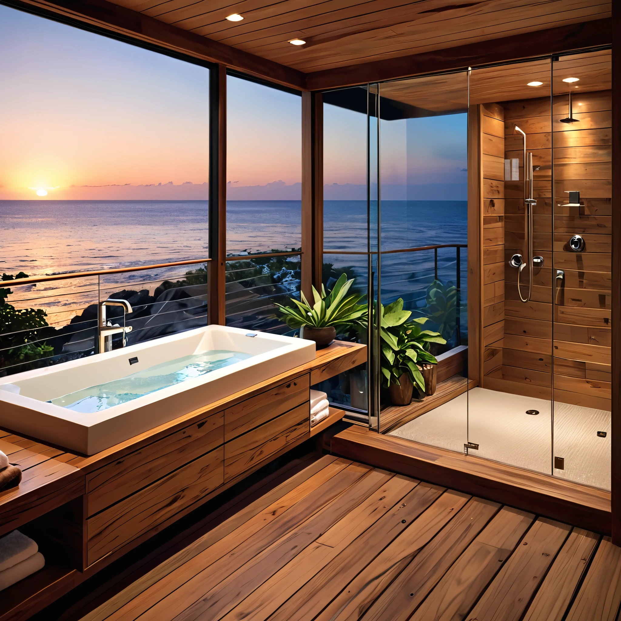 Create an elegant and serene bathroom that offers a stunning view of the ocean. The bathroom should feature large floor-to-ceiling windows that open up to a deck facing the sea. Include a glass-enclosed shower with a modern design, a long wooden vanity with dual sinks, and sleek, contemporary fixtures. Use warm recessed lighting to highlight the wooden elements and create a cozy ambiance. Place a freestanding bathtub on the deck, perfect for enjoying a sunset over the ocean. Add potted plants and minimalist decor to enhance the peaceful and luxurious atmosphere.