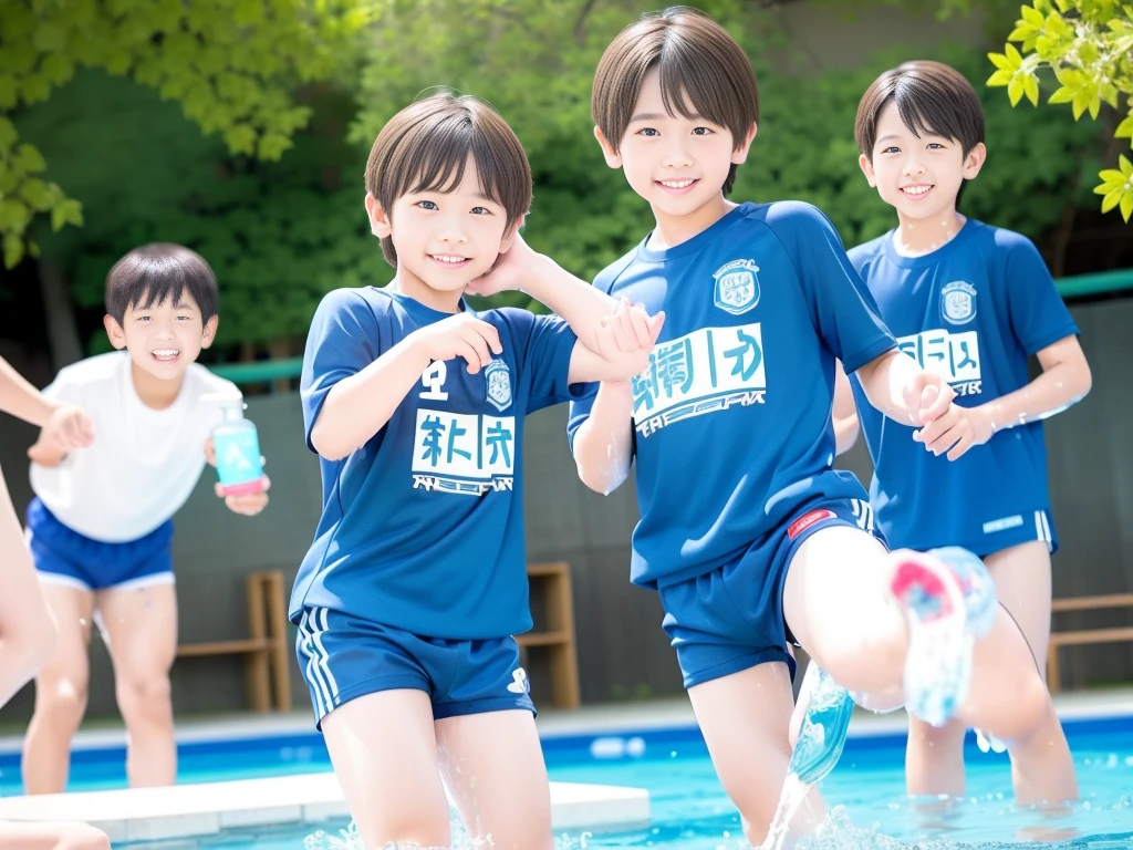 夏休みのprimary school校、Pool、primary school５Grade、Japan Boy、Glowing water splashes、A good boy dripping with water、hot day、Two Boys、Various poses、Short sleeve gym uniform、Blue shorts、physical education、barefoot，（Boy 1.4）、Boys only 、(１０Age 1.４)