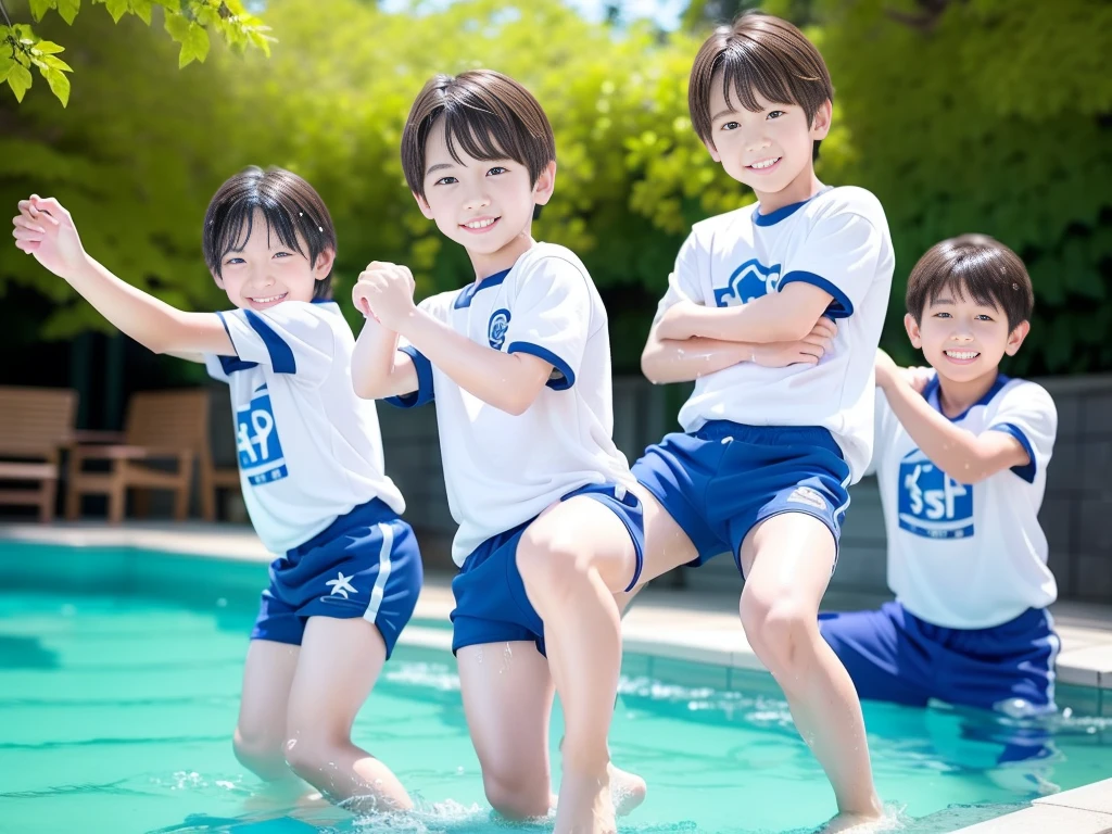 夏休みのprimary school校、Pool、primary school5Grade、Japan Boy、Glowing water splashes、A good boy dripping with water、hot day、Two Boys、Various poses、Short sleeve gym uniform、Blue shorts、physical education、barefoot,(Boy 1.4)、Boys only 、(10Age 1.4)