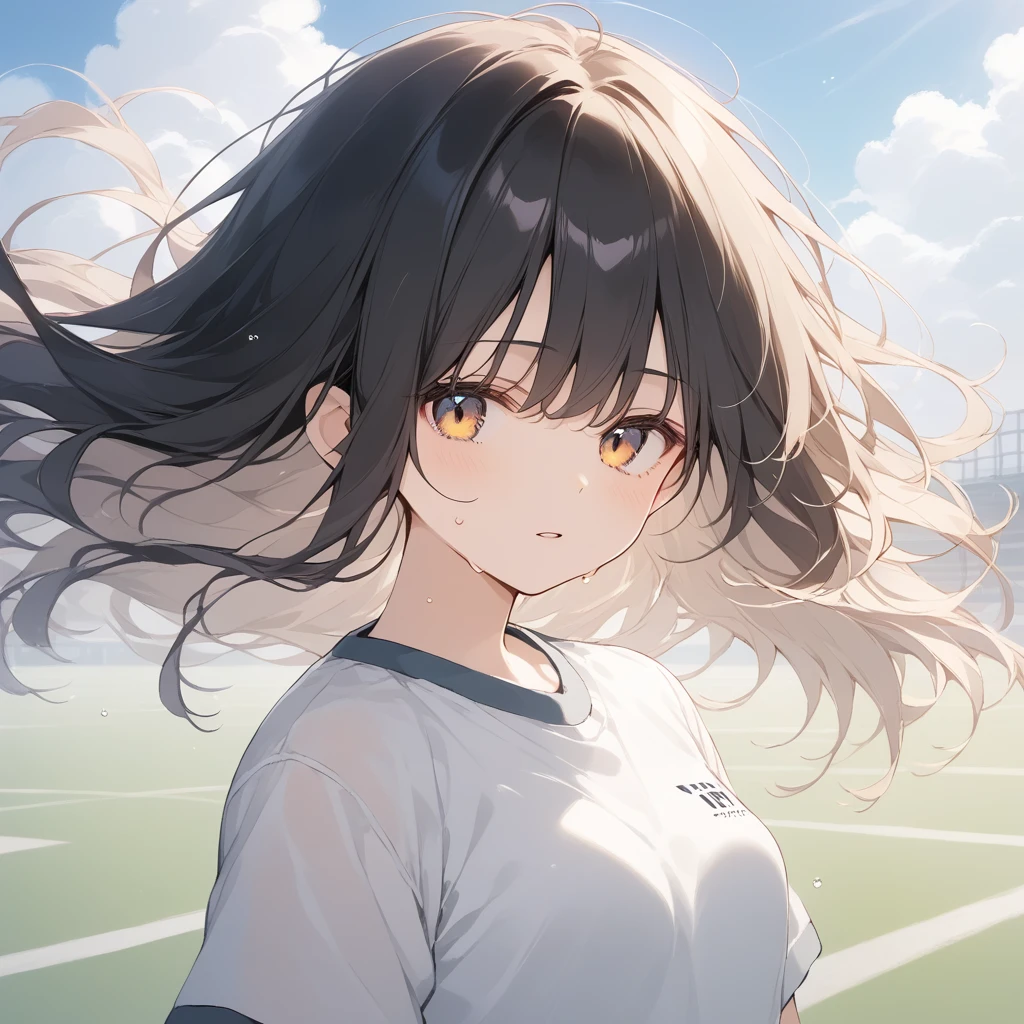 score_9, score_8_up, score_7_up, source_anime, best quality, masterpiece, official art, absurdres, highres, ultra-detailed,waifu2x,Collection: Slice of Life,break,1girl, 15-year-old, short hair, black hair, small breasts, beautiful detailed face, beautiful detailed eyes, well-proportioned iris and pupils, parted lips, beautiful detailed lips, gym uniform, byke shorts, sweat, expressionless, sleepily, School ground, outdoors, wind, break,(clear line illustration:1.2),very high resolution, very aesthetic, super detailed skin, Best cinematic lighting powered by famous artist, 8k, beauty illustration,photoshop_(medium),,(Detailed Lighting),best anime 8k konachan wallpaper, pixiv contest winner, 