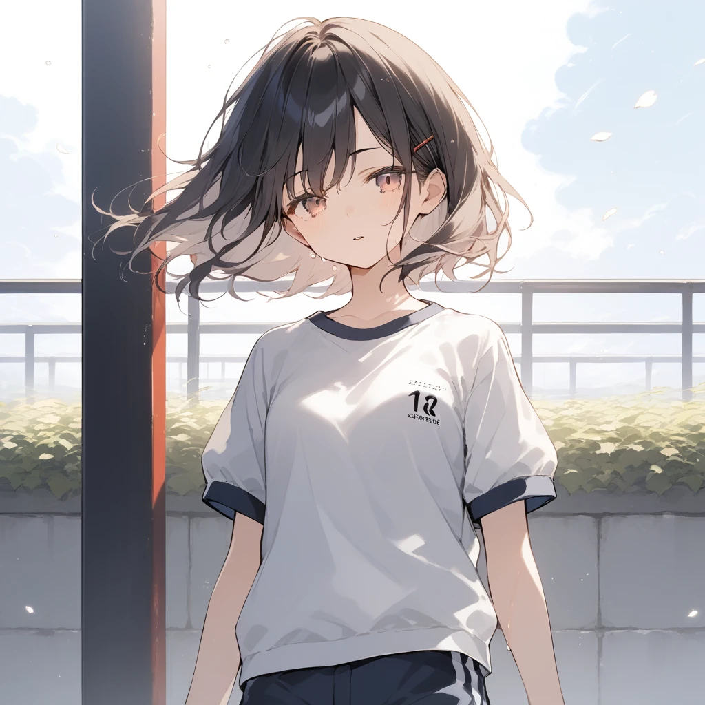 score_9, score_8_up, score_7_up, source_anime, best quality, masterpiece, official art, absurdres, highres, ultra-detailed,waifu2x,Collection: Slice of Life,break,1girl, 15-year-old, short hair, black hair, small breasts, beautiful detailed face, beautiful detailed eyes, well-proportioned iris and pupils, parted lips, beautiful detailed lips, gym uniform, byke shorts, sweat, expressionless, sleepily, School ground, outdoors, wind, break,(clear line illustration:1.2),very high resolution, very aesthetic, super detailed skin, Best cinematic lighting powered by famous artist, 8k, beauty illustration,photoshop_(medium),,(Detailed Lighting),best anime 8k konachan wallpaper, pixiv contest winner,