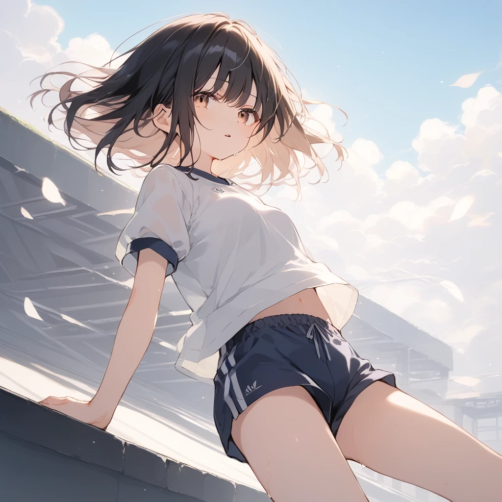 score_9, score_8_up, score_7_up, source_anime, best quality, masterpiece, official art, absurdres, highres, ultra-detailed,waifu2x,Collection: Slice of Life,break,1girl, 15-year-old, short hair, black hair, small breasts, beautiful detailed face, beautiful detailed eyes, well-proportioned iris and pupils, parted lips, beautiful detailed lips, gym uniform, byke shorts, sweat, expressionless, sleepily, School ground, outdoors, wind, break,(clear line illustration:1.2),very high resolution, very aesthetic, super detailed skin, Best cinematic lighting powered by famous artist, 8k, beauty illustration,photoshop_(medium),,(Detailed Lighting),best anime 8k konachan wallpaper, pixiv contest winner,