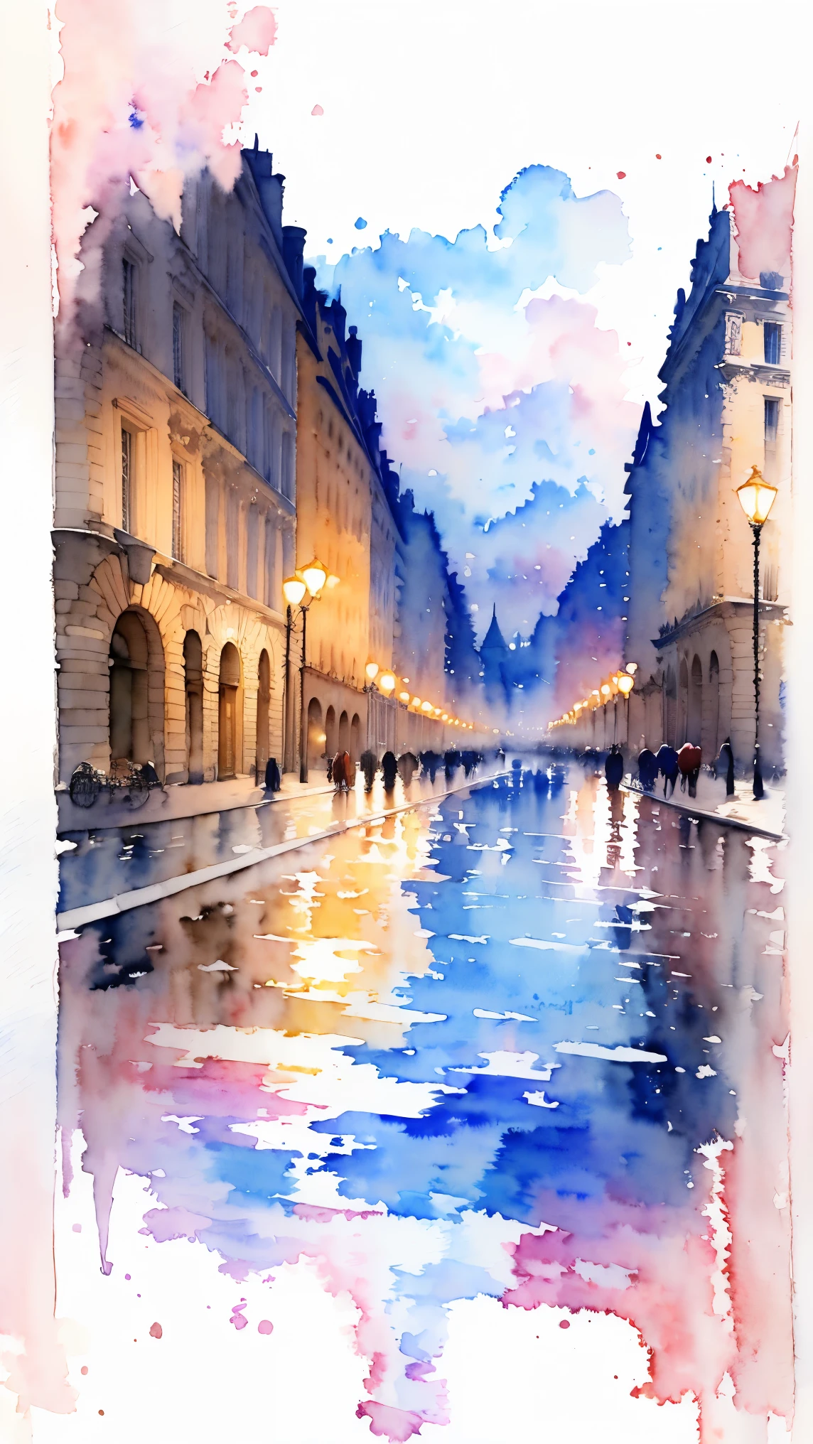 (masterpiece:1.2, Highest quality),(Very detailed),(((watercolor))),8K,wallpaper,Landscape of France,Champs-Élysées,night,(((透明watercolor)))