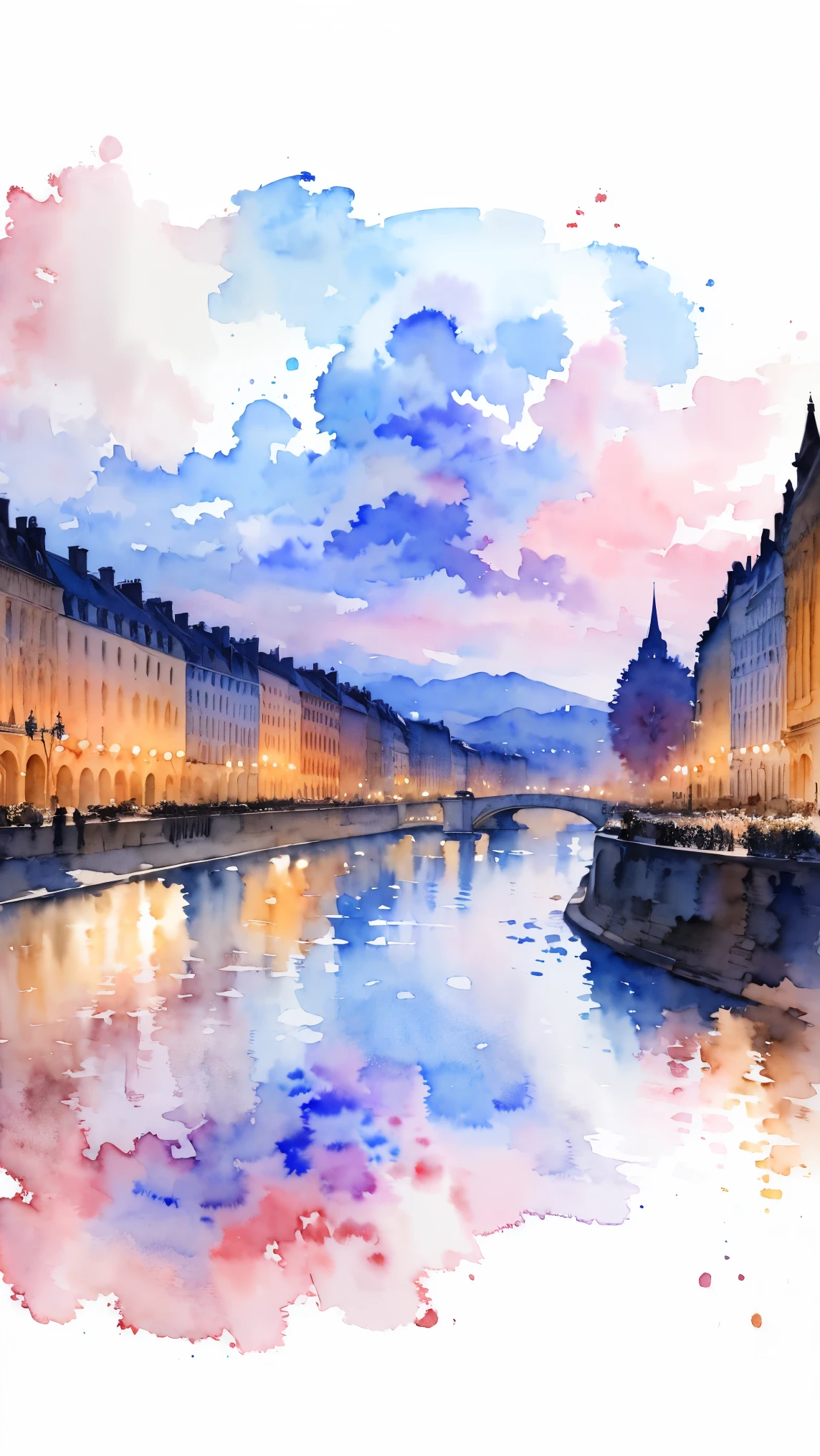 (masterpiece:1.2, Highest quality),(Very detailed),(((watercolor))),8K,wallpaper,Landscape of France,Champs-Élysées,night,(((透明watercolor)))