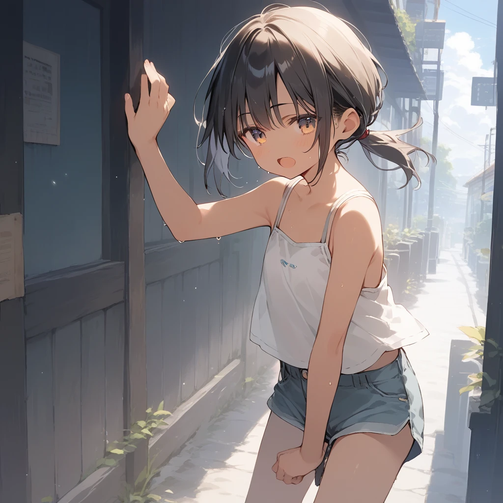 score_9, score_8_up, score_7_up, source_anime, best quality, masterpiece, official art, absurdres, highres, ultra-detailed,waifu2x,Collection: Slice of Life,break,1girl, tomboy, dark-skinned female, short hair, low ponytail, flat chest, beautiful detailed eyes, short shorts, sweat, open mouth, (yawn:0.3), sleepily, outdoors, wind, break,(clear line illustration:1.2),very high resolution, very aesthetic, super detailed skin, Best sexual lighting powered by famous artist, 8k,cute picture,beauty illustration,photoshop_(medium),,(Detailed Lighting),best anime 8k konachan wallpaper, pixiv contest winner, 