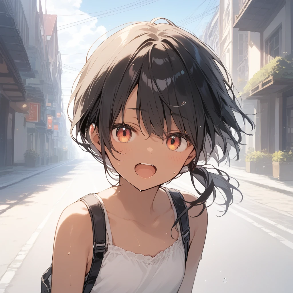 score_9, score_8_up, score_7_up, source_anime, best quality, masterpiece, official art, absurdres, highres, ultra-detailed,waifu2x,Collection: Slice of Life,break,1girl, tomboy, dark-skinned female, short hair, low ponytail, flat chest, beautiful detailed eyes, short shorts, sweat, open mouth, (yawn:0.3), sleepily, outdoors, wind, break,(clear line illustration:1.2),very high resolution, very aesthetic, super detailed skin, Best sexual lighting powered by famous artist, 8k,cute picture,beauty illustration,photoshop_(medium),,(Detailed Lighting),best anime 8k konachan wallpaper, pixiv contest winner,