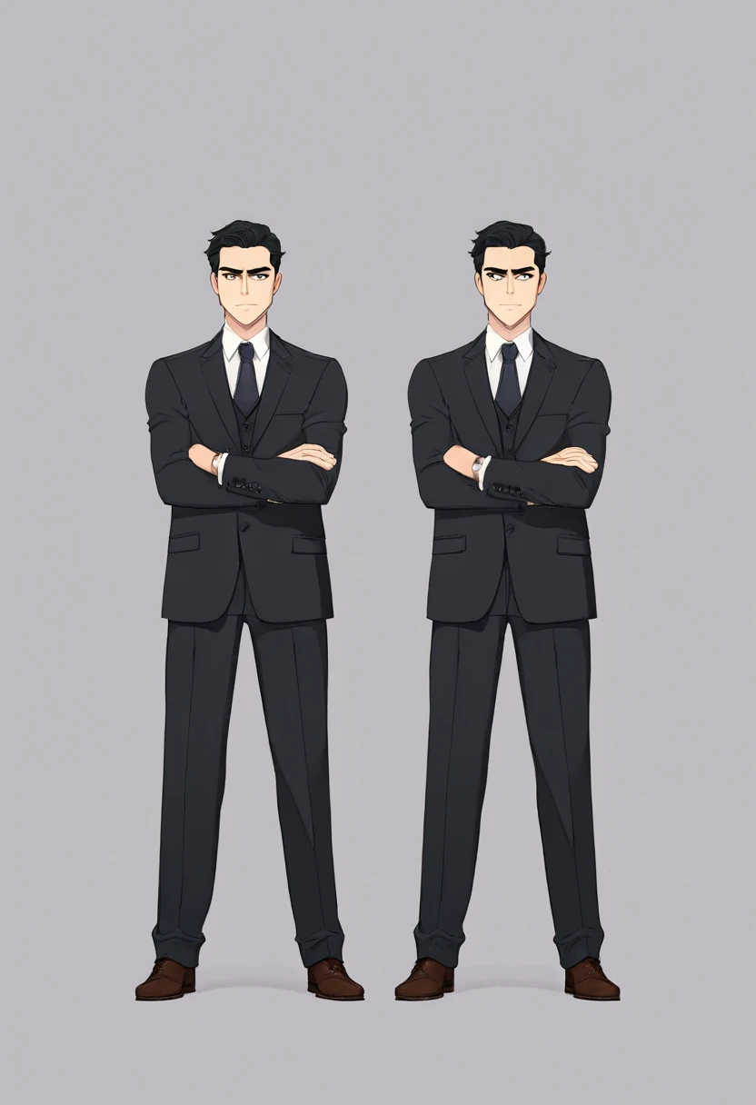 Create an image of the character Herman Gerhard showing him from the front, side and back. Herman Gerhard is 32 years old, co 1,78 m weighs 92 kg. he has light brown eyes, black hair and a cropped eyebrow. His posture is slightly hunched over and he wears business attire that reflects his unpretentious style.. Psychologically, he's a mild sociopath, antisocial, hyperactive and ambitious, afraid of not being the best at your job. He works as a nuclear scientist for the KGB, motivated by scientific advancement and Soviet supremacy. smart, but with little dexterity and charisma, Herman is cold and calculating under pressure, equipped with spying devices and a revolver.