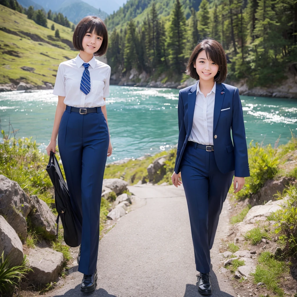 Female high school student president、pants suit、short hair、Deep in the mountains