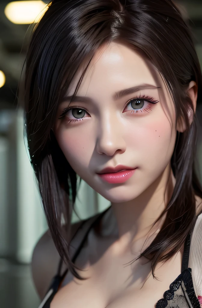 Highest quality、8K Masterpiece、Ultra-high resolution、(Photorealistic:1.3)、RAW Photos、1 girl、Silvery white hair、Glowing Skin、1. Super-beautiful Cyberpunk Soldiers、((Ultra-Realistic Details))、Portrait、Global Illumination、Shadow、Octane Rendering、8K、Super sharp、Beautiful breasts、Bare skin exposed in the cleavage、Metal、Cold colors、、Very intricate details、Realistic Light、CGSoation Trend、Beautiful Eyes、Shining Eyes、To the camera、Neon Details((Lips forward expression))