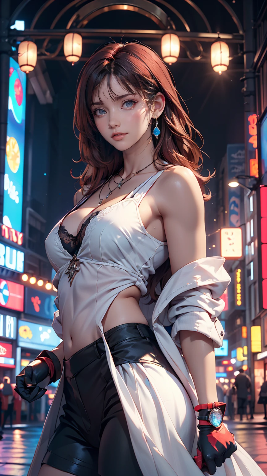 Sexy Woman (masterpiece),(Super detailed:1.1),(alone:1.2),(blue eyes:1.3),(Short, vibrant red hair),(Round face), smile,(Black Swordsman Outfit), (Black gloves:1.1),(Red Nose:0.5),(Very detailed beautiful eyes, Highly detailed skin, Bright and glowing skin:1,1), (Fitness Body),(Night view fantasy:1.1),(Physical Rendering, Professional Lighting, Photon Mapping, Radio City, Soft Light, Lens Reflection: 1.3), Color, Sexy proportions、Sexy、Narrow waist、Attach a necklace、Wear accessories on your wrist