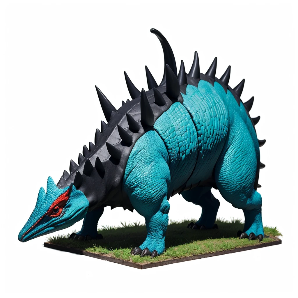 Big Animaly, has white stripes on his skin, reds eyes, cassowary mixed with stegosaurus, Grassroots, no background