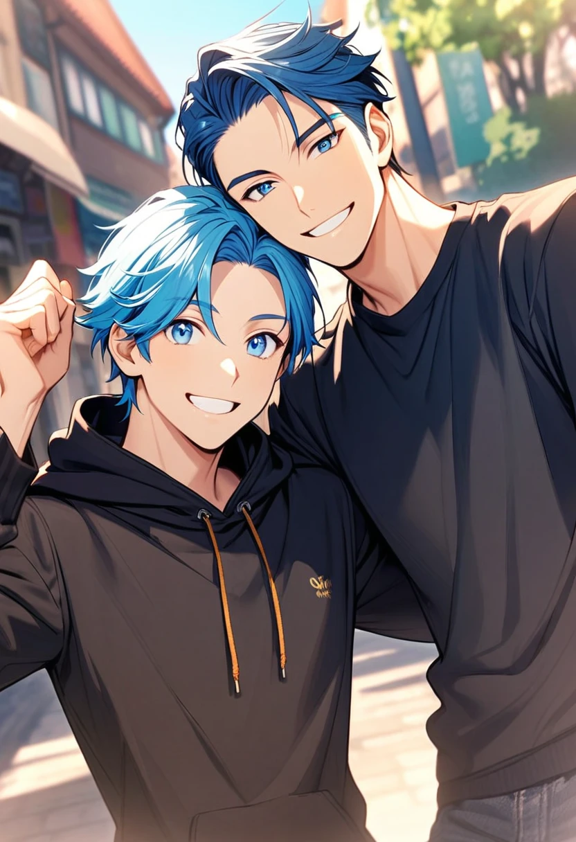 Blue hair boy，Black sweatshirt，Blue Eyes，one person，Smile，Sunny and handsome