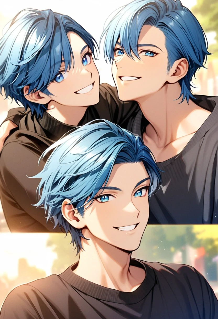 Blue hair boy，Black sweatshirt，Blue Eyes，one person，Smile，Sunny and handsome