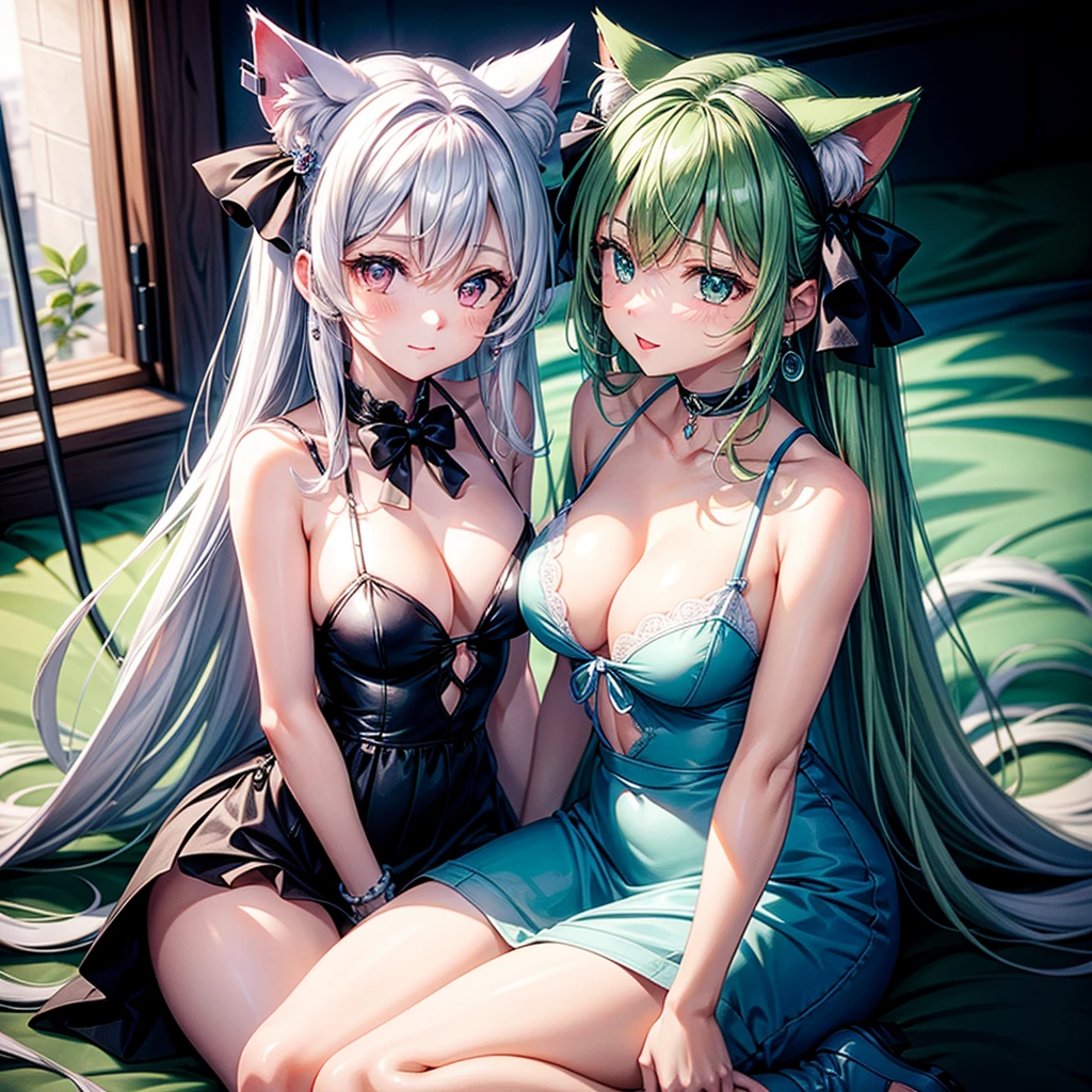 Silver hair, pink eyes, body, cat ears, sexy girl, earrings, cloud and sun background, hair bows, sit, teal green, look back