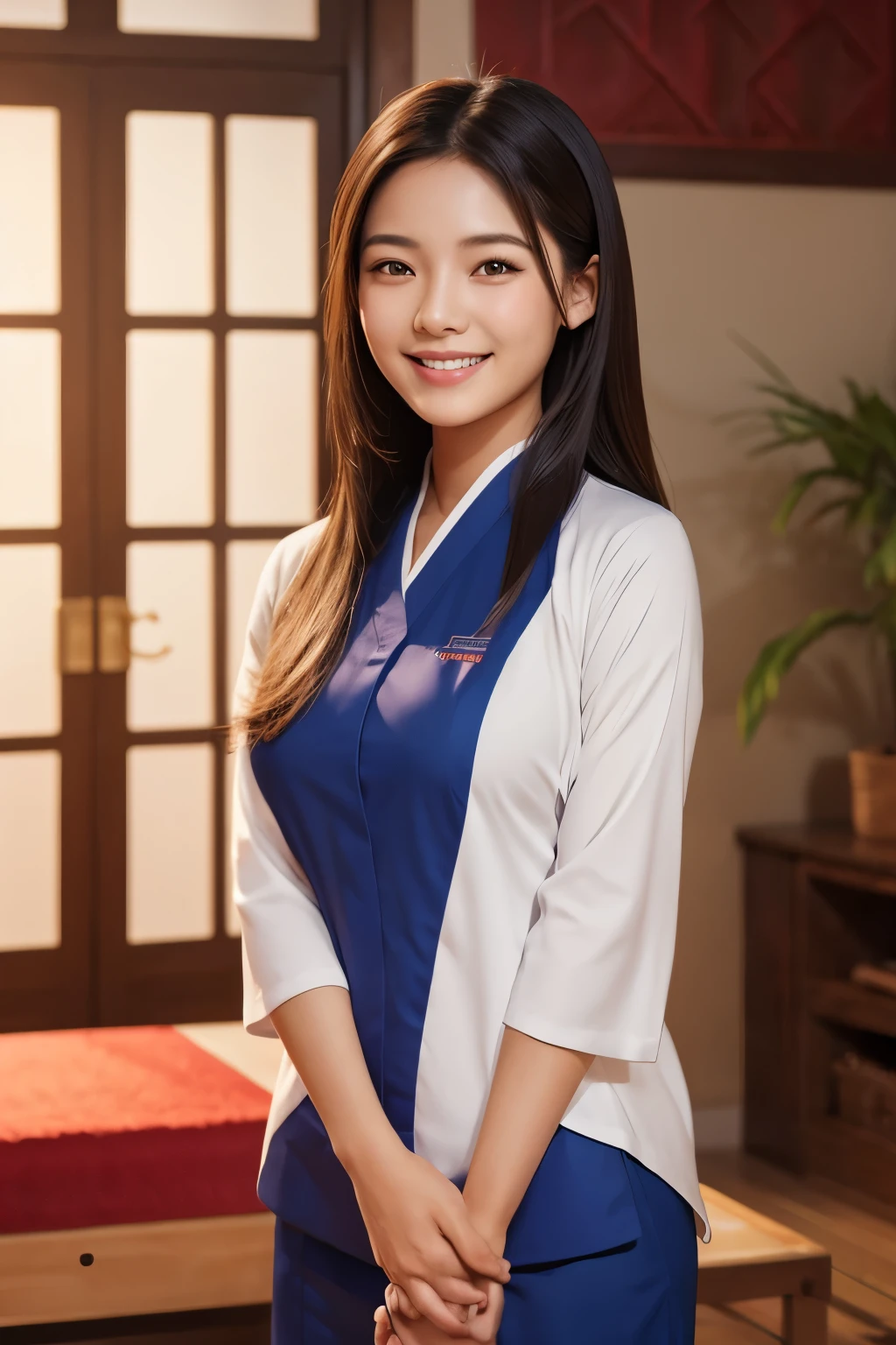 A young beautiful Asian woman in massage uniform smiling and holding hands with a happy looking man, digital art, artstation, illustration