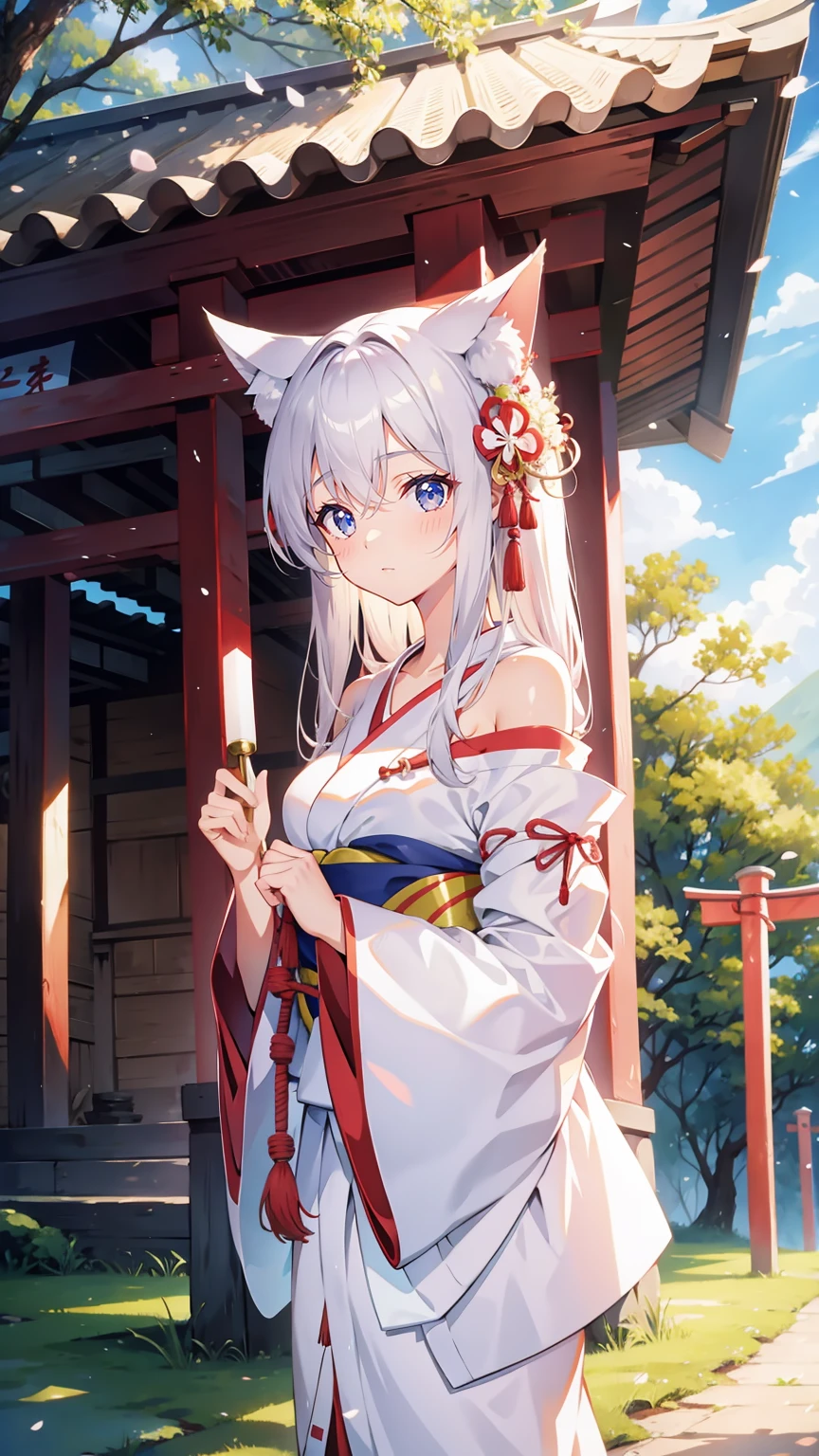 （masterpiece）、(highest quality)、((Super detailed))、(super delicate)、Erotic cute shrine maiden、silver hair、Kemonomimi、beautiful breasts、beautiful thighs、Gorgeous、fantastic light、look up from below