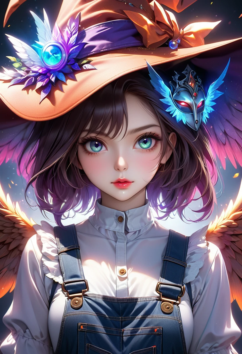 a girl wearing a witch hat, angel wings, overalls, and a mask, beautiful detailed eyes, beautiful detailed lips, extremely detailed face, long eyelashes, attractive, digital art, fantasy, highly detailed, 8k, photorealistic, masterpiece, cinematic lighting, vibrant colors, dramatic lighting, mystical, ethereal, surreal