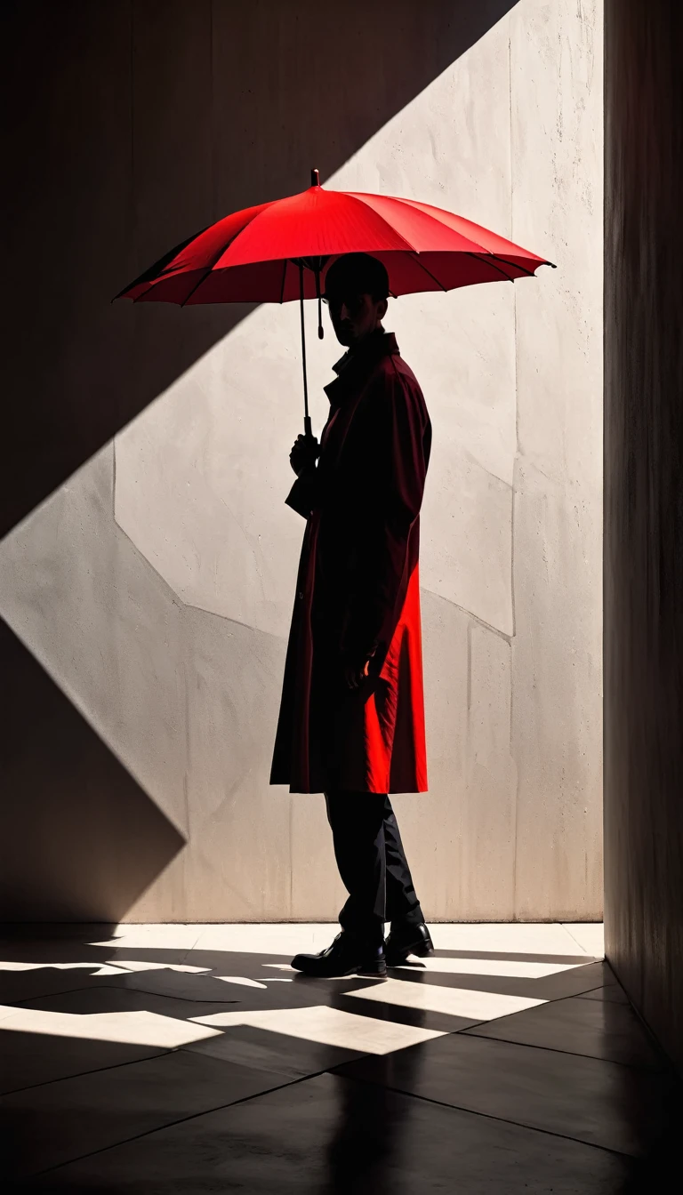 a figure,red umbrella,simple geometric abstract,cubism,minimalist,chiaroscuro lighting,dramatic shadows,surreal,high contrast,moody,striking composition
