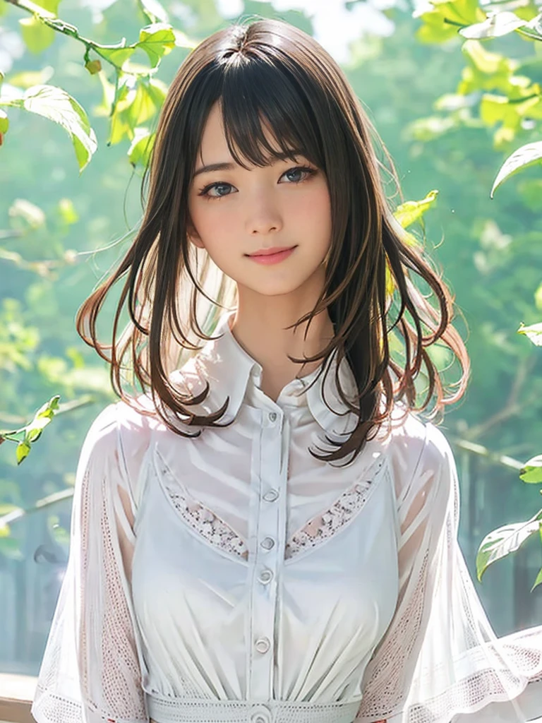 raw photo, 1girl, medium breast, collared blouse, White blouse、light smile, detailed skin, pore, simple background, anatomically correct、Upper body、White blouse、, photorealistic, masterpiece, best quality, UHD