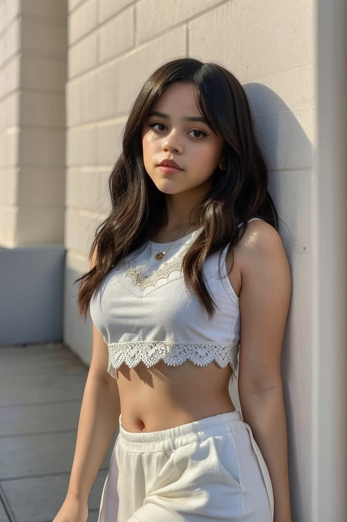 jenna_ortega wearing lacy crop top, long hair, 
upper body, solid wall background, 
 