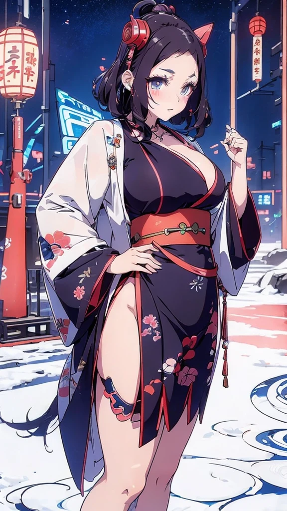 Japanese traditional clothing, Katsushika Hokusai Style, (cyber punk) (neon)