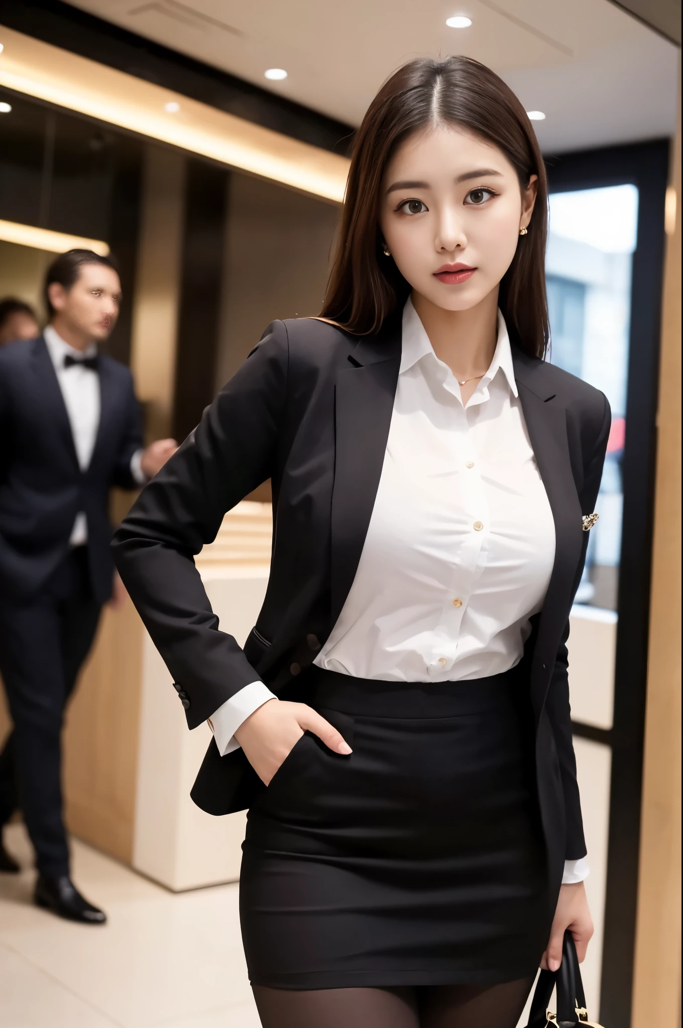 (((masterpiece))), (((Highest quality: 1.4))), ((Very detailed: 1.4)) , ulzzang-6500-v1.1, (RAW Photos:1.2), (Photorealistic), (Genuine:1.4), (One woman、Incredible beauty), Sharp focus、High resolution,business suitを着た上品な上流階級のエリート女性, 厳格なbusiness suitを着ている, Wearing ultra-realistic pantyhose、Wear high-quality high heels、 Girl in suit, business suitを着ている, business suitを着ている, business suitを着て, Businesswoman, Business Attire, 黒のbusiness suitを着ている, Wearing a jacket and skirt, business suitを着た女性, business suit, business attire, Luxury Suits、Makeup, Sharp Eyes、(Detailed Background:1.2), Exposed thighs!!!,