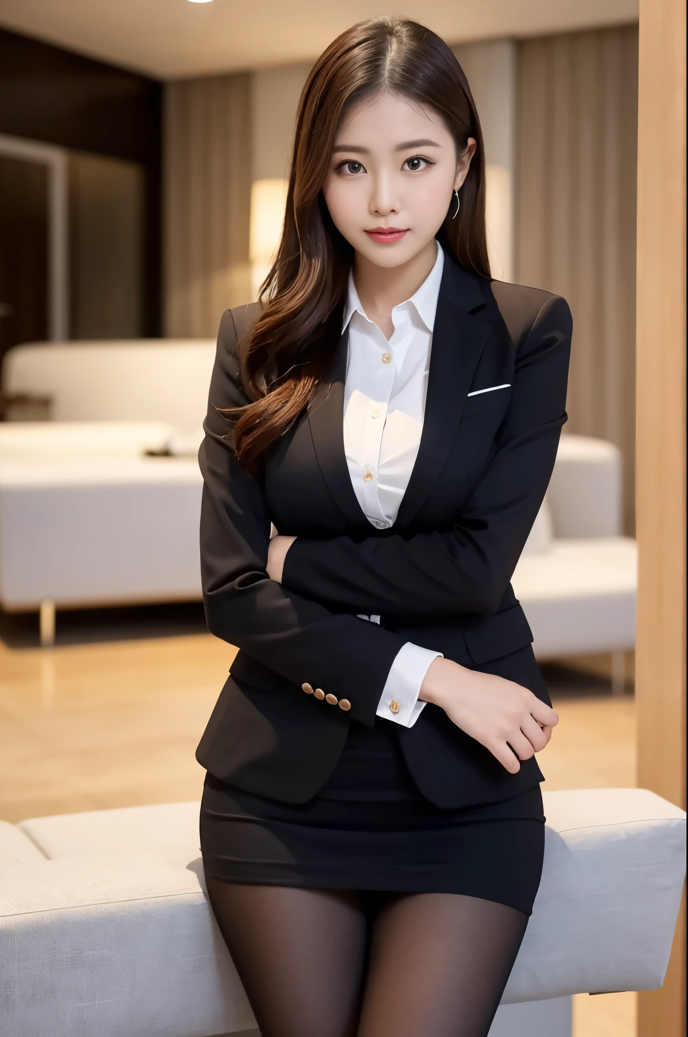 (((masterpiece))), (((Highest quality: 1.4))), ((Very detailed: 1.4)) , ulzzang-6500-v1.1, (RAW Photos:1.2), (Photorealistic), (Genuine:1.4), (One woman、Incredible beauty), Sharp focus、High resolution,business suitを着た上品な上流階級のエリート女性, 厳格なbusiness suitを着ている, Wearing ultra-realistic pantyhose、Wear high-quality high heels、 Girl in suit, business suitを着ている, business suitを着ている, business suitを着て, Businesswoman, Business Attire, 黒のbusiness suitを着ている, Wearing a jacket and skirt, business suitを着た女性, business suit, business attire, Luxury Suits、Makeup, Sharp Eyes、(Detailed Background:1.2), Exposed thighs!!!,