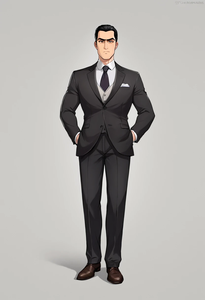 Create an image of the character Herman Gerhard showing him from the front, side and back. Herman Gerhard is 32 years old, co 1,78 m weighs 92 kg. he has light brown eyes, black hair and a cropped eyebrow. His posture is slightly hunched over and he wears business attire that reflects his unpretentious style.. Psychologically, he's a mild sociopath, antisocial, hyperactive and ambitious, afraid of not being the best at your job. He works as a nuclear scientist for the KGB, motivated by scientific advancement and Soviet supremacy. smart, but with little dexterity and charisma, Herman is cold and calculating under pressure, equipped with spying devices and a revolver.