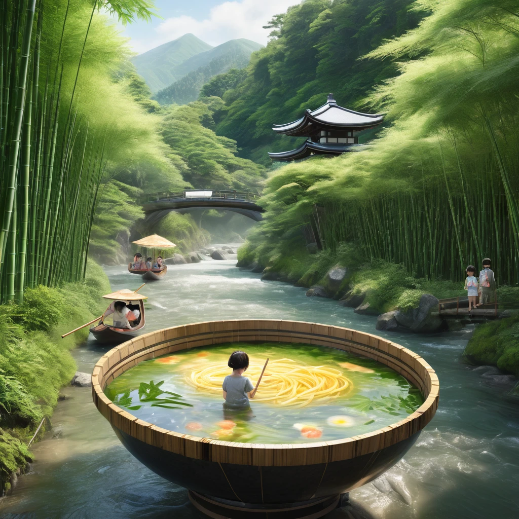 which is a summer tradition of Japan, Nagashi somen, Bamboo Gutter, Somen, Clear Stream, Lush valleys, Sunlight filtering through the trees, Cool scenery, Families, Children's smile, Dip in soup, Scooping the noodles, Summer vacation, Original Japanese Landscape, Nostalgic, Digital interface, Futuristic Technology, 光るSomen, Fusion of nature and technology, Photorealistic, Art Station Quality, High resolution, Detailed texture, 8K, Concept Art, Instagram Post