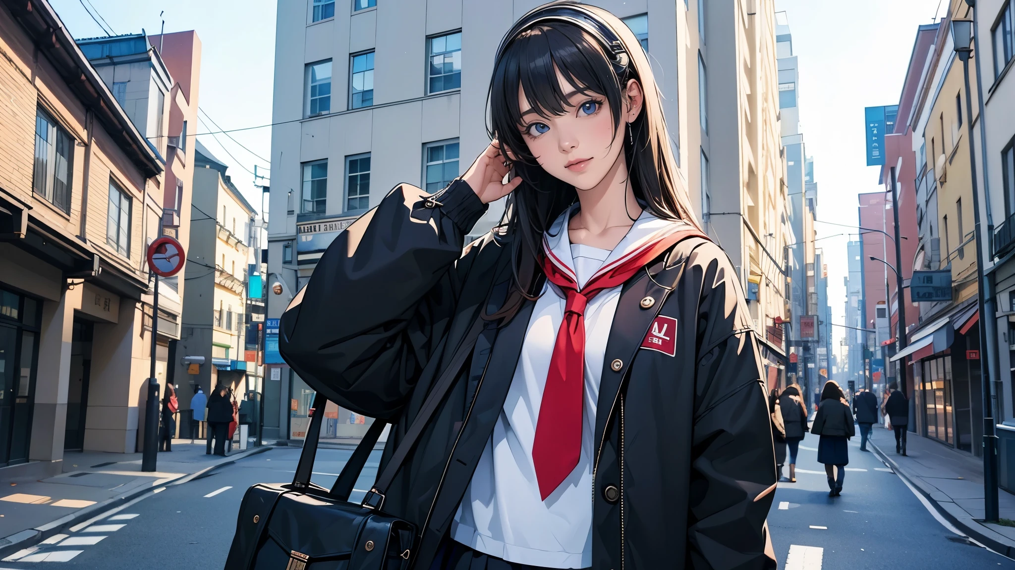 Ultra HD、super high quality、masterpiece、detailed、8K、The location is on a quiet city street、Schoolgirl1Person listening to music on headphones、15-year-old high school girl、そのロシア人で髪の毛は黒色のロング、Has blue eyes、Has a glamorous figure、The clothes she's wearing are one-piece dresses.、Pretty sexy、Lo-Fi images,The background is blurred、Nostalgic and relaxing atmosphere、At dusk、Afternoon sun