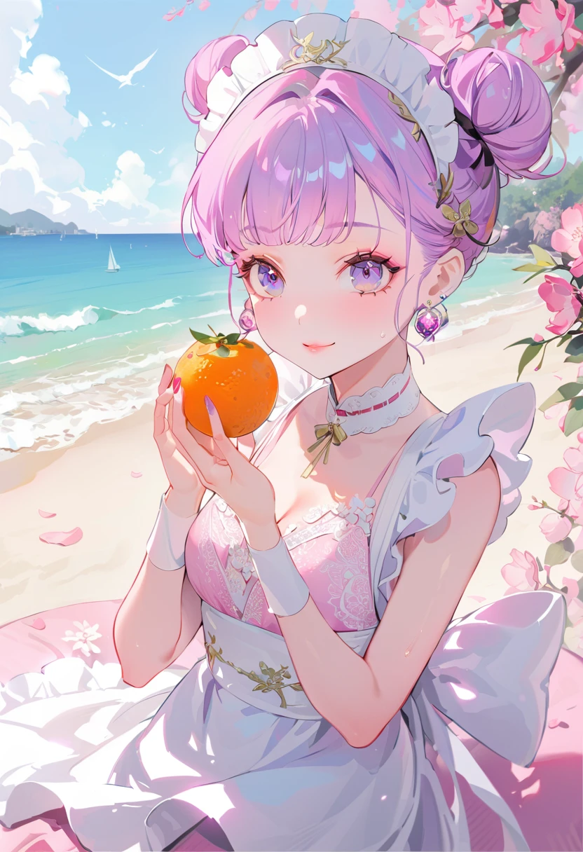 (Maid:1.5),(最高quality,Super detailed,High resolution:1.2),Purple hair girl painting、Glass mandarin orange earrings decorate both ears、Eye color: Ocean pink purple、Beautiful girl with a perfect face,very_Long eyelashes, Detailed lips, A radiant smile, Soft Skin, Shiny Hair,Vibrant Background, Natural light,The cutest girl in the world,Exquisite makeup,Pouting、((Hugging on a cushion))、Sit down, long hair、Bun hairstyle Beautiful, translucent white skin、Wet purple dress、Pink underwear is visible、Pink bra is visible through、Pink pants show through、quality\(8K,非常に精細なCGユニットのwallpaper, masterpiece,High resolution,top-quality,top-quality real texture skin,Super two-dimensional,Increase the resolution,RAW Photos,最高quality,Very detailed,wallpaper,Ray-tracing,Golden Ratio\),[Browsing Caution]