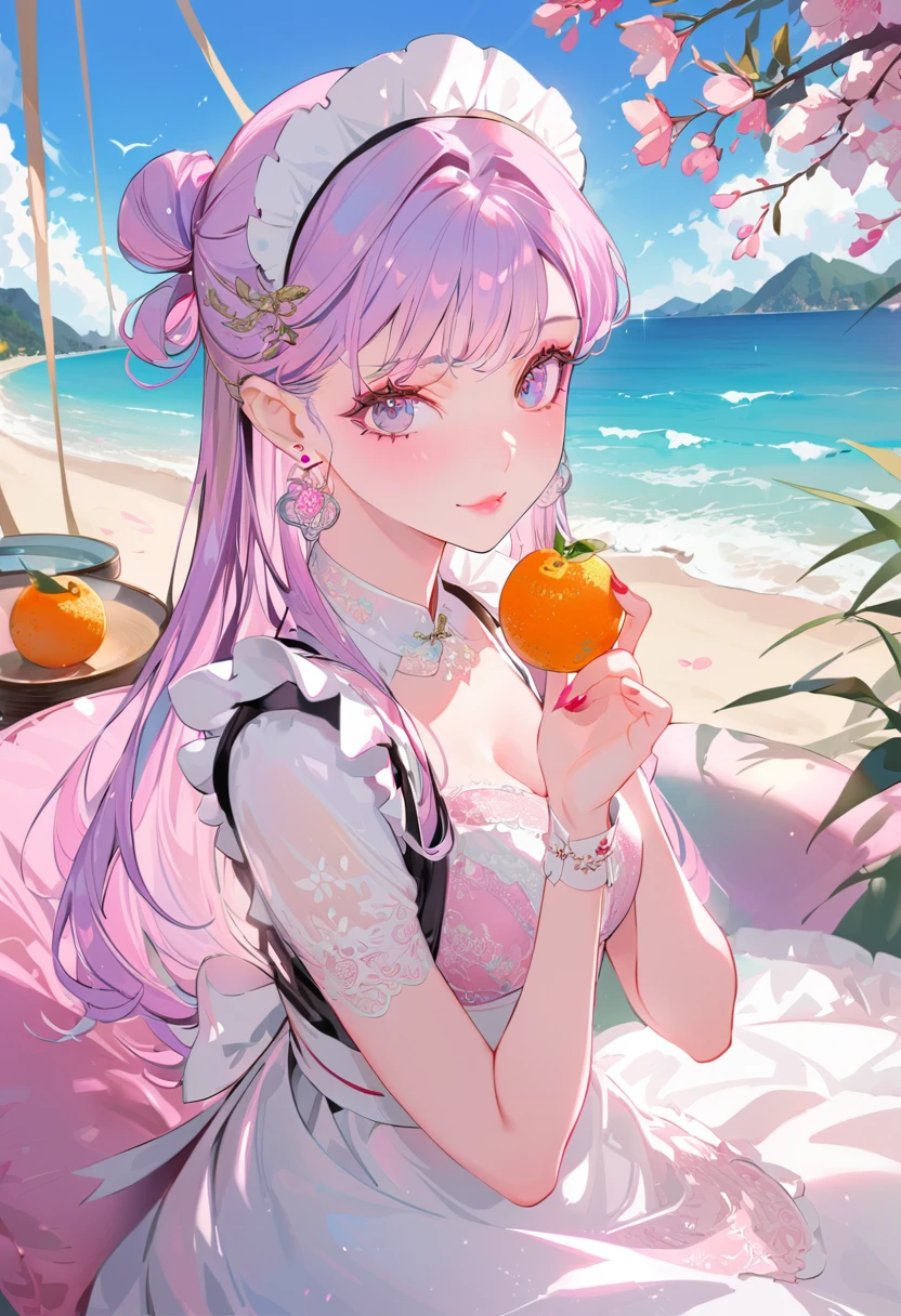 (Maid:1.5),(最高quality,Super detailed,High resolution:1.2),Purple hair girl painting、Glass mandarin orange earrings decorate both ears、Eye color: Ocean pink purple、Beautiful girl with a perfect face,very_Long eyelashes, Detailed lips, A radiant smile, Soft Skin, Shiny Hair,Vibrant Background, Natural light,The cutest girl in the world,Exquisite makeup,Pouting、((Hugging on a cushion))、Sit down, long hair、Bun hairstyle Beautiful, translucent white skin、Wet purple dress、Pink underwear is visible、Pink bra is visible through、Pink pants show through、quality\(8K,非常に精細なCGユニットのwallpaper, masterpiece,High resolution,top-quality,top-quality real texture skin,Super two-dimensional,Increase the resolution,RAW Photos,最高quality,Very detailed,wallpaper,Ray-tracing,Golden Ratio\),[Browsing Caution]