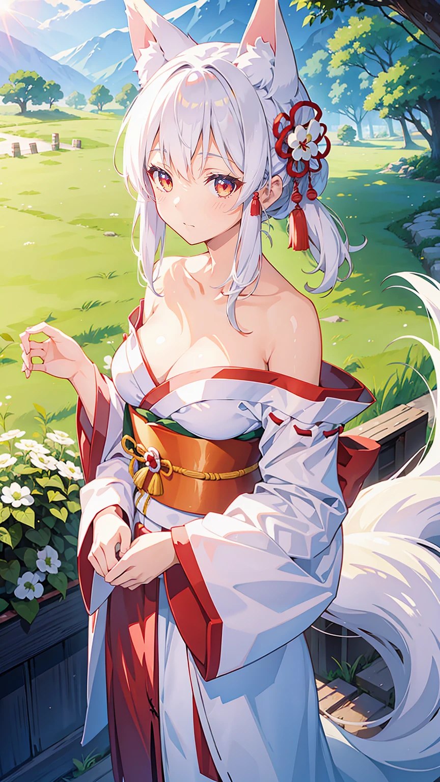 1 Girl, Akagiuchi,White Kimono,A faint smile,Keep your mouth shut, Fox ears, outdoor,Off-shoulder,Medium Breast, Sexy, Yae Shrine Maiden,Dress,Rural background