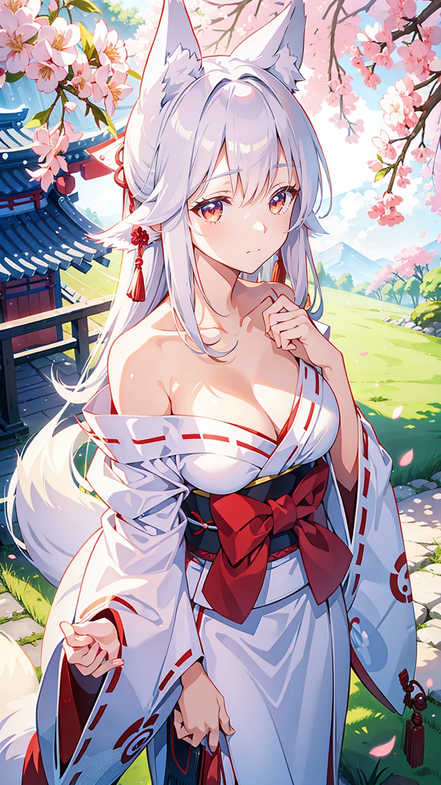 1 Girl, Akagiuchi,White Kimono,A faint smile,Keep your mouth shut, Fox ears, outdoor,Off-shoulder,Medium Breast, Sexy, Yae Shrine Maiden,Dress,Rural background