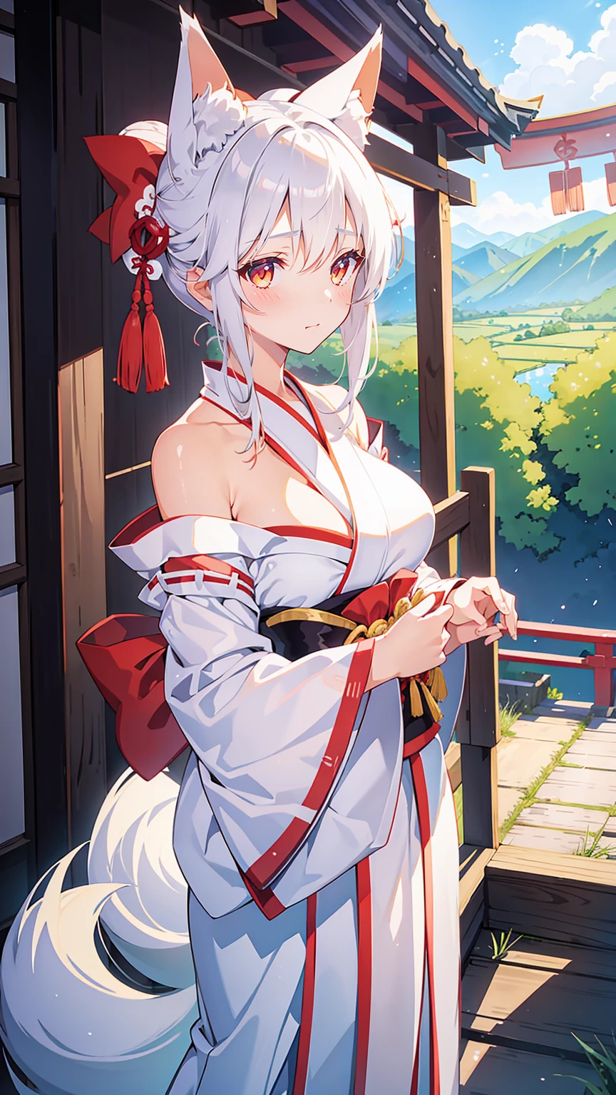 1girl in, Silver Shorthair, sky-blue eyes, kimono skirt, shrines, Cute, blush, medium breasts, Sunset, Best Quality++, Highest Quality++