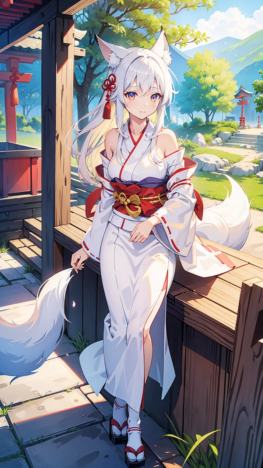 1 Girl, Akagiuchi,White Kimono,A faint smile,Keep your mouth shut, Fox ears, outdoor,Off-shoulder,Medium Breast, Sexy, Yae Shrine Maiden,Dress,Rural background