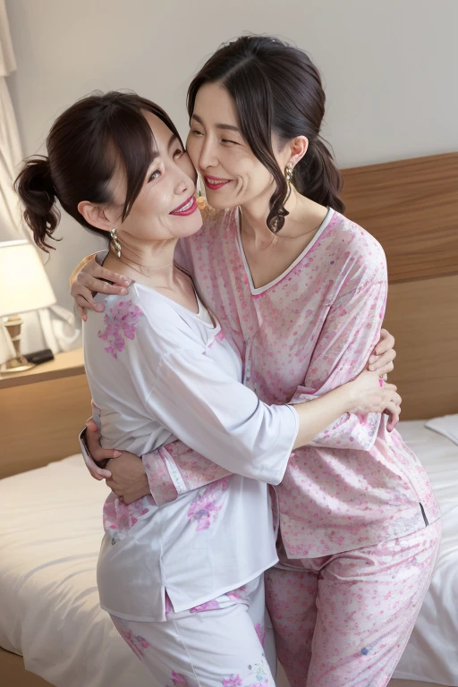 8K, Two beautiful mature women, Two Mature Women, Mature 55 year old beautiful Japanese woman, Delicate lines, Long eyelashes, Beautiful Eyes, Low Ponytail, Red lipstick, necklace, Earrings, (Colorful pajamas), Sleep in a hotel bed, ((Embrace each other)), Lesbian, Love Each Other, Sex