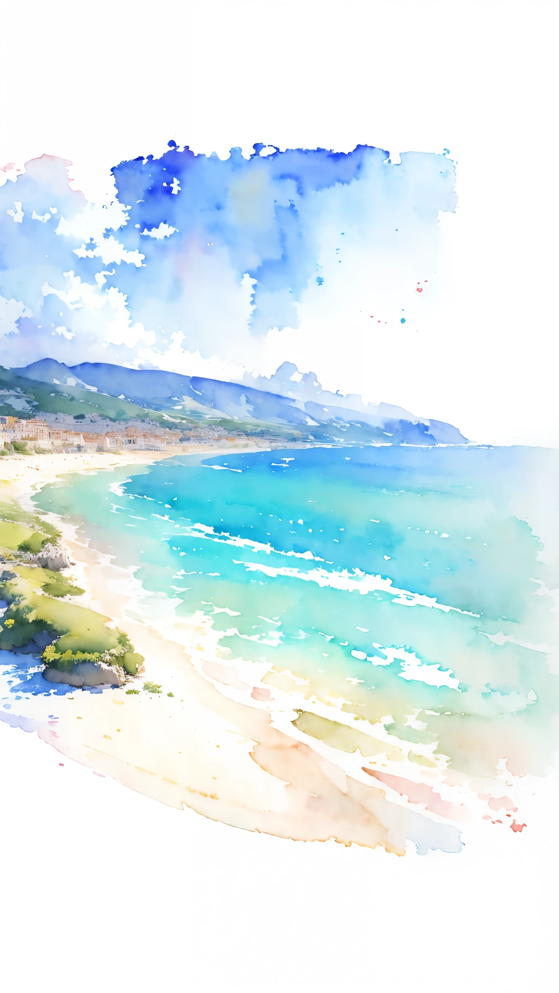 (masterpiece:1.2, Highest quality),(Very detailed),(((watercolor))),8K,wallpaper,Landscape of France,Nice beach