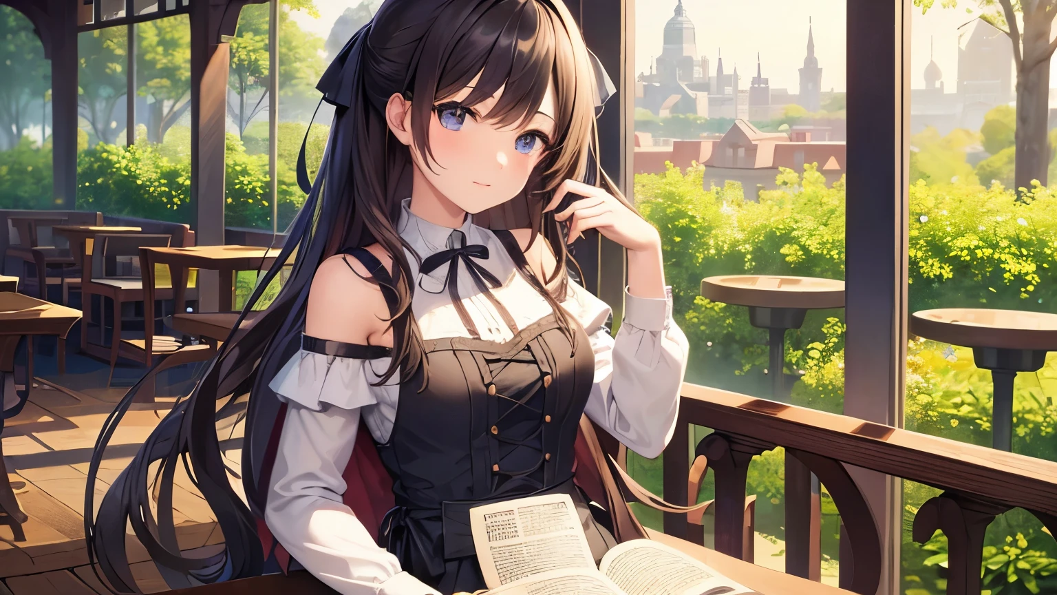 (Highest quality)), ((masterpiece)), (detailed), One Girl, Cafe、Upper Body、Medium Chest、holding a book in hand