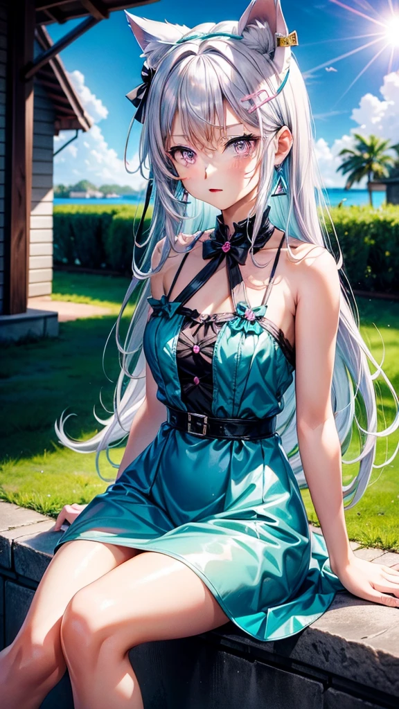 Silver hair, pink eyes, body, cat ears, sexy girl, earrings, cloud and sun background, hair bows, sit, teal green dress
