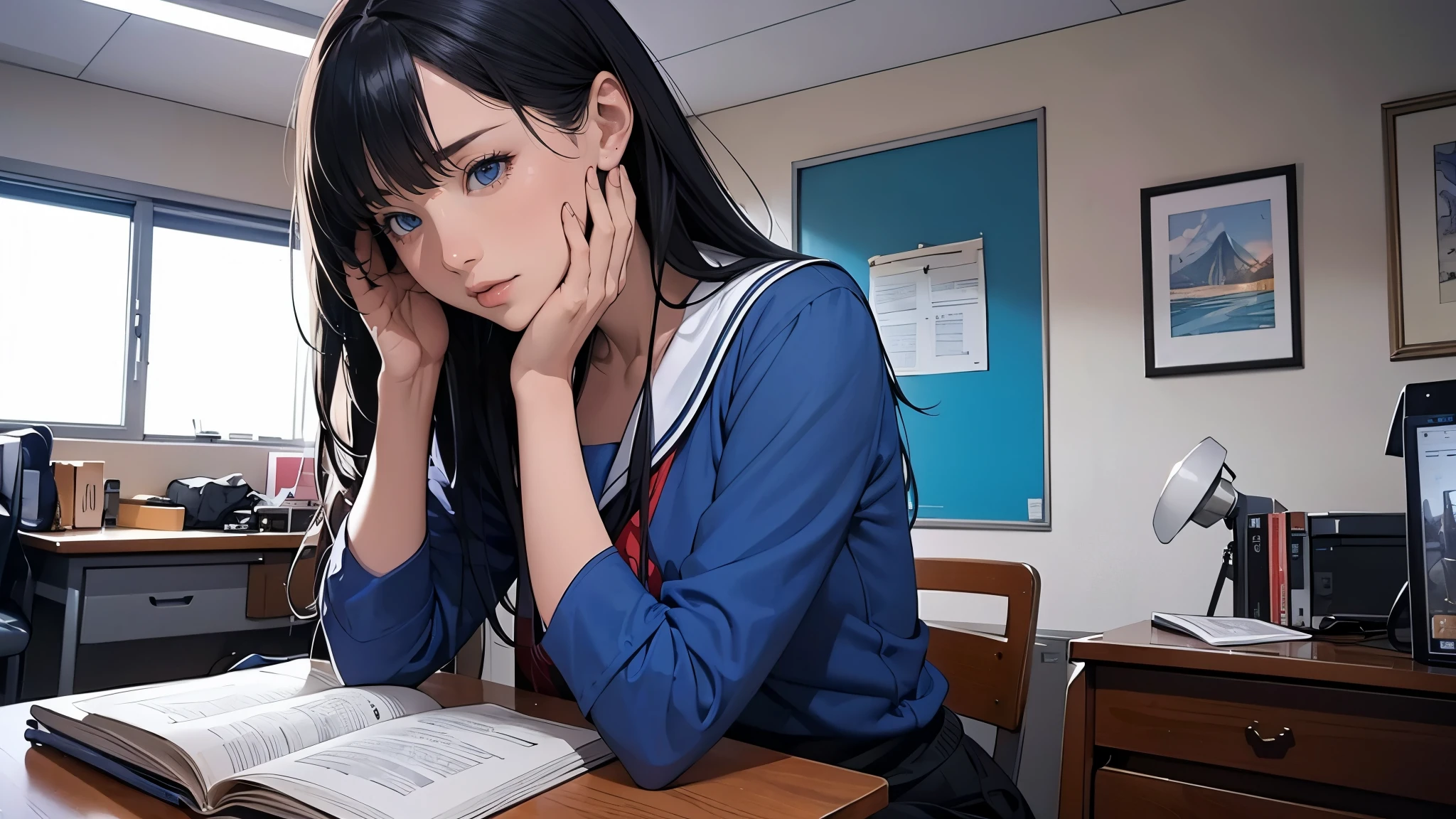 Ultra HD、super high quality、masterpiece、detailed、8K、The place is your room、A high school girl in her room1Person sitting and listening to music on headphones、Studying at a desk、The room is small、15-year-old high school girl、The high school girl is Russian and has long black hair.、Has blue eyes、Has a glamorous figure、The clothes she's wearing are her uniform、Or wearing a uniform、Pretty sexy、Lo-Fi images,The background is blurred、Nostalgic and relaxing atmosphere、The decorations are retro.、Late Night、The light is a desk lamp
