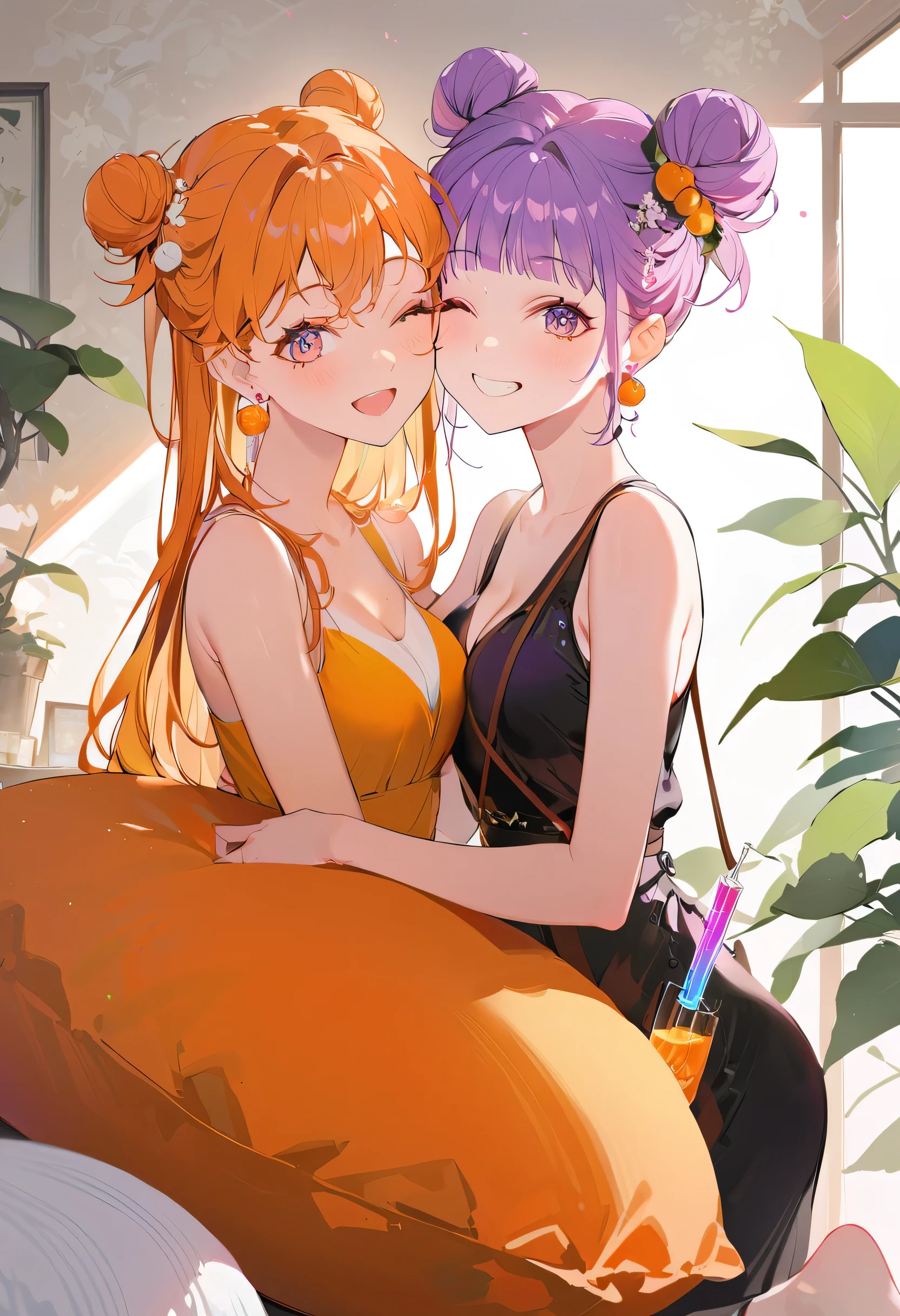 Purple hair girl painting、Glass mandarin orange earrings decorate both ears、Eye color: Ocean pink purple、Space Eyes、Inside the room、(((Giant orange shaped cushion)))、((Hugging on a cushion))、Sit down, long hair、Bun Hair、Cool and complicated, Hand holding sliced orange, A very happy expression with plenty of orange juice、((The syringe contains orange juice))、Very embarrassed、The best smile、Open your mouth wide、Grin、Eyes closed、((Purple and black dress))、((Syringe Shoulder Bag)), Fun and lively characters, close( Perfect Anatomy )、Beautiful, translucent white skin、Wet purple dress、Pink underwear is visible、Pink bra is visible through、Pink pants show through、quality\(8K,Highly detailed CG unit wallpaper, masterpiece,High resolution,top-quality,top-quality real texture skin,Super two-dimensional,Increase the resolution,RAW Photos,highest quality,Very detailed,wallpaper,Ray-tracing,Golden Ratio\),[Browsing Caution]、White and orange theme、Everything is orange except for the outfit, hairstyle, and eye color.、barefoot,Love Hotel