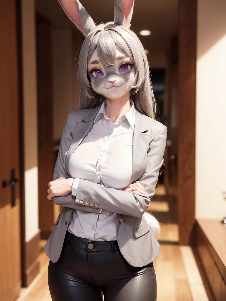 best quality,
masterpiece,
hyper Realistic,
ultra-detailed,
beautiful detailed,
4K,8K,High level,
PIXAR,
Photo real,
medium shot,
Looking at the audience upside,
background in green office,
Realistic lighting,
((anthropomorphic rabbit)),
detailed animals,
Complex patterns,
(furry:1.35),
(Whole skin is gray:1.35),
(body is fluffy and bushy:1.35),
Realistic fur,
((human hands)),
(Face is JudyHopps:1.35),
((medium straight hair)),
dark brown heir,
((sidepart bangs)), bangs,
purple eyes,
{highlight on eyes, crisp eyes, sparkle in the eyes, round big pupils},
detailed iris,
(rised eyebrows:1.2),
(Crescent Brows:1.3),
(rabbit ears:1.1),
Smile,
Big Smile,
Innocent smile,
raised corners of mouth,
office lady is wearing suit,
((White silk blouse)) BREAK ((Black blazer)) BREAK ((Black pants)),
((blouse, シャツ, ワイシャツ)),
clothes made of wool,
(solo:1.5),
(1 lady:1.5),
one character only
alone,
Perfect Anatomy,
lighting forward,
lighting front,
ambient light,
natural light,
daylight white,
intricate details,
ray tracing,
photorealistic,