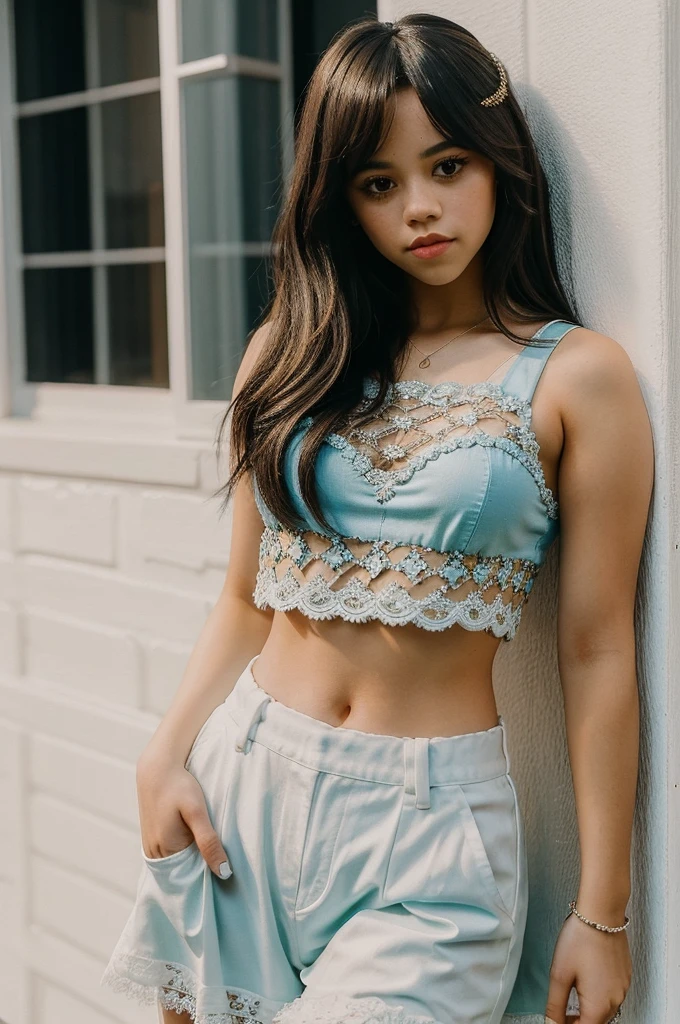 jenna_ortega wearing lacy crop top, long hair,
upper body, solid wall background,