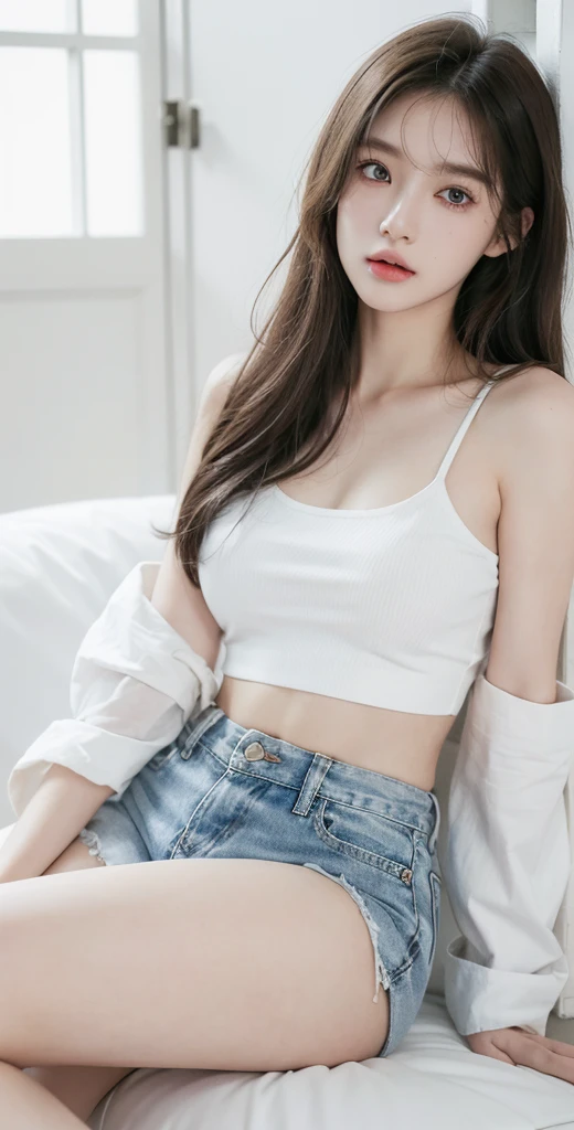 Realistic, high resolution, 1 girl, white wavy hair, Korean, heterochromic eyes, small moles under the eyes, loose white shirt, skinny denim shorts, large breasts, thighs, panties visible Masterpiece, realism
