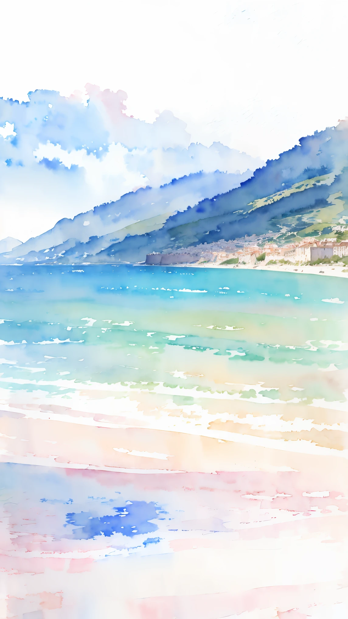 (masterpiece:1.2, Highest quality),(Very detailed),(((watercolor))),8K,wallpaper,Landscape of France,Nice beach